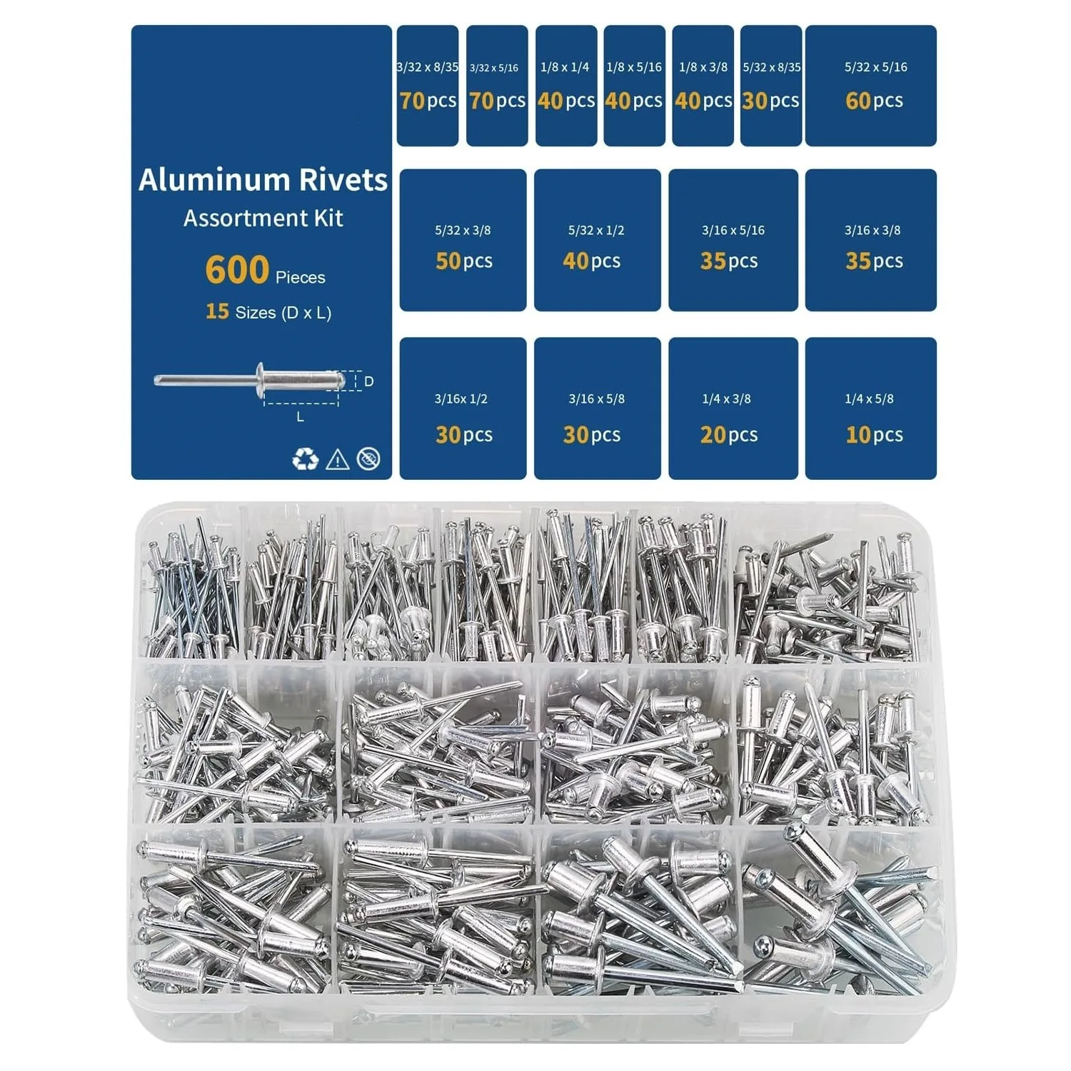 600PCS 15 Size Pop Rivet Assortment Kit Aluminum Rivets Silver Rivet Set