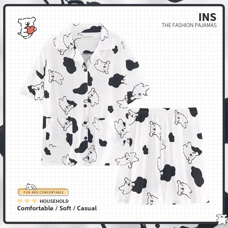 

Хлопковая пижама с мультяшным принтом для пар, с короткими рукавами и шортами, домашняя одежда для мужчин и женщин, летняя новинка, милый дизайн с собачкой и коровкой.