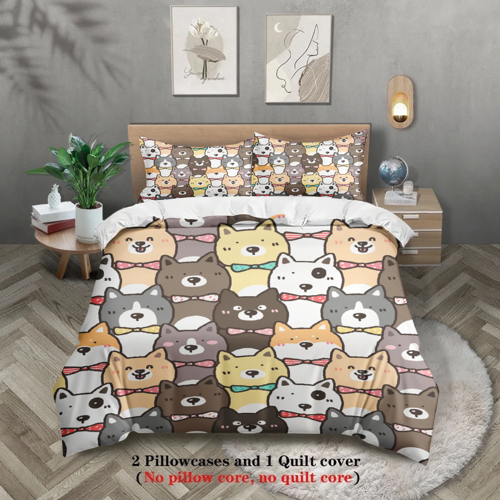 3pcs Dog Pattern Bedding Sets 3D Printed Cute Cartoon Cat Dormitory Twin Size For Students Duvet Cover Sets With 2Pillowcases