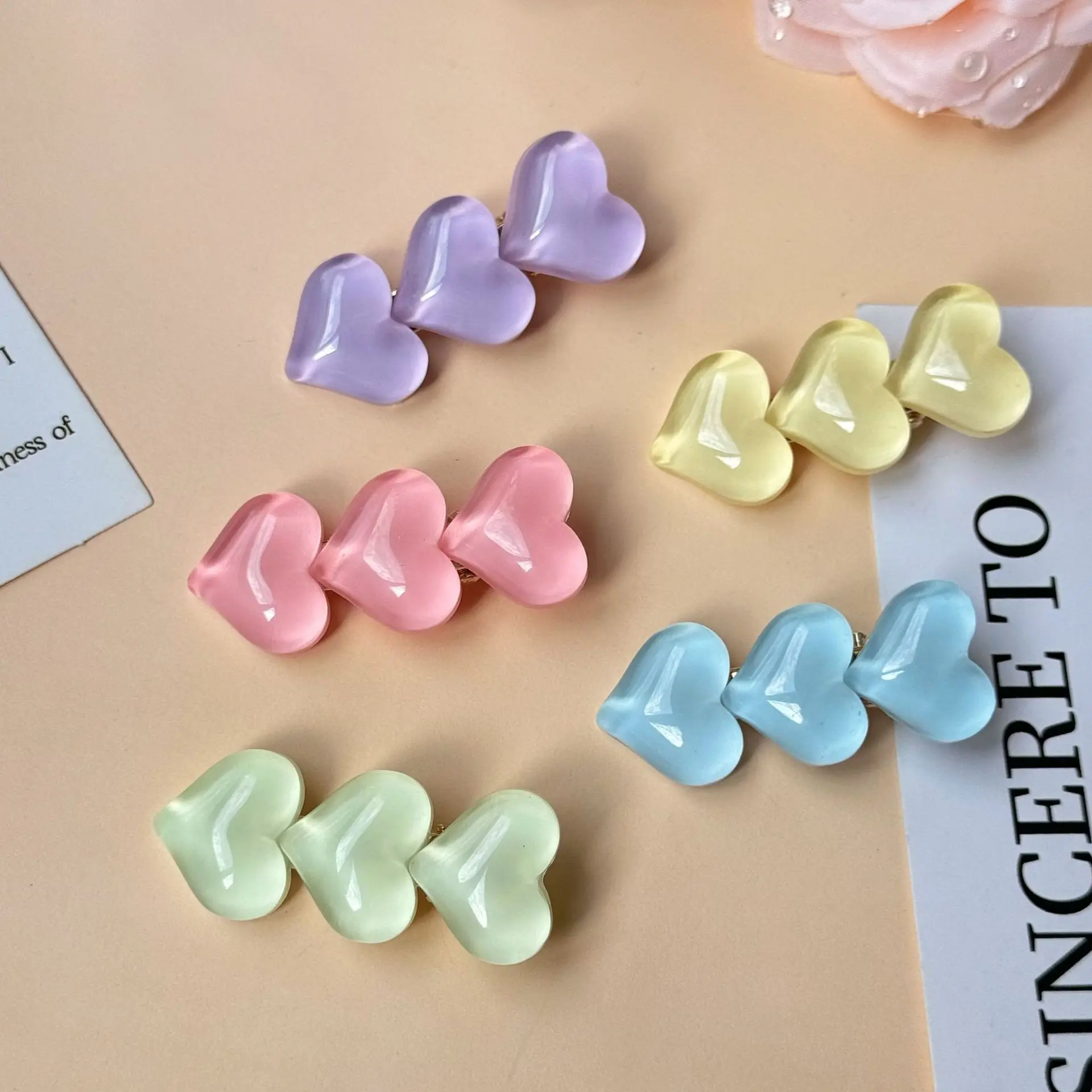 Pinzas para el cabello para mujer, 5 uds., pasadores de corazón transparentes, bonitos pinzas con lazo, pinzas para el cabello delanteras suaves sin daños para cabello fino