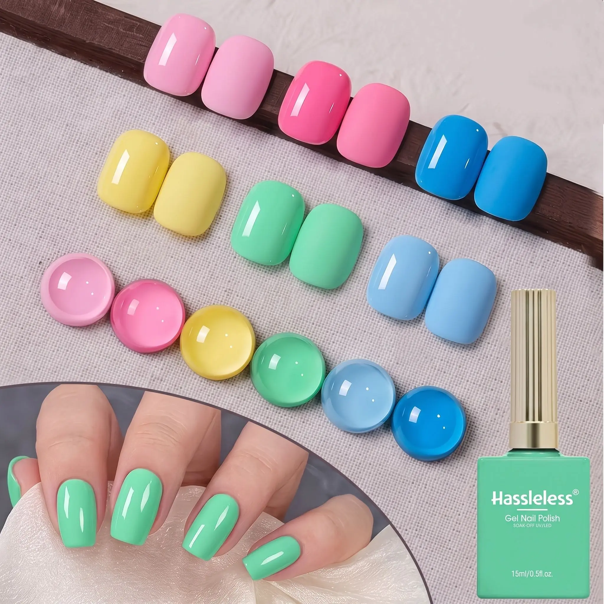Hassleless 6-Color Macaron Soft Gel Nail Polish Set, 15ml Large Capacity/Led Curing Gel Nail Polish, Non-Fading, Non-Yellowing, Low-Odor, Safe Formula, Easy DIY Manicure at Home, Perfect