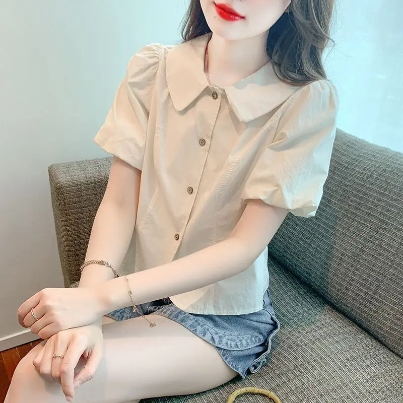 

Cotton Patchwork Pintuck Bat Sleeve Short Sleeve Shirts Womens Festival Modern Artistic Urban Student Youthful Trend Statement