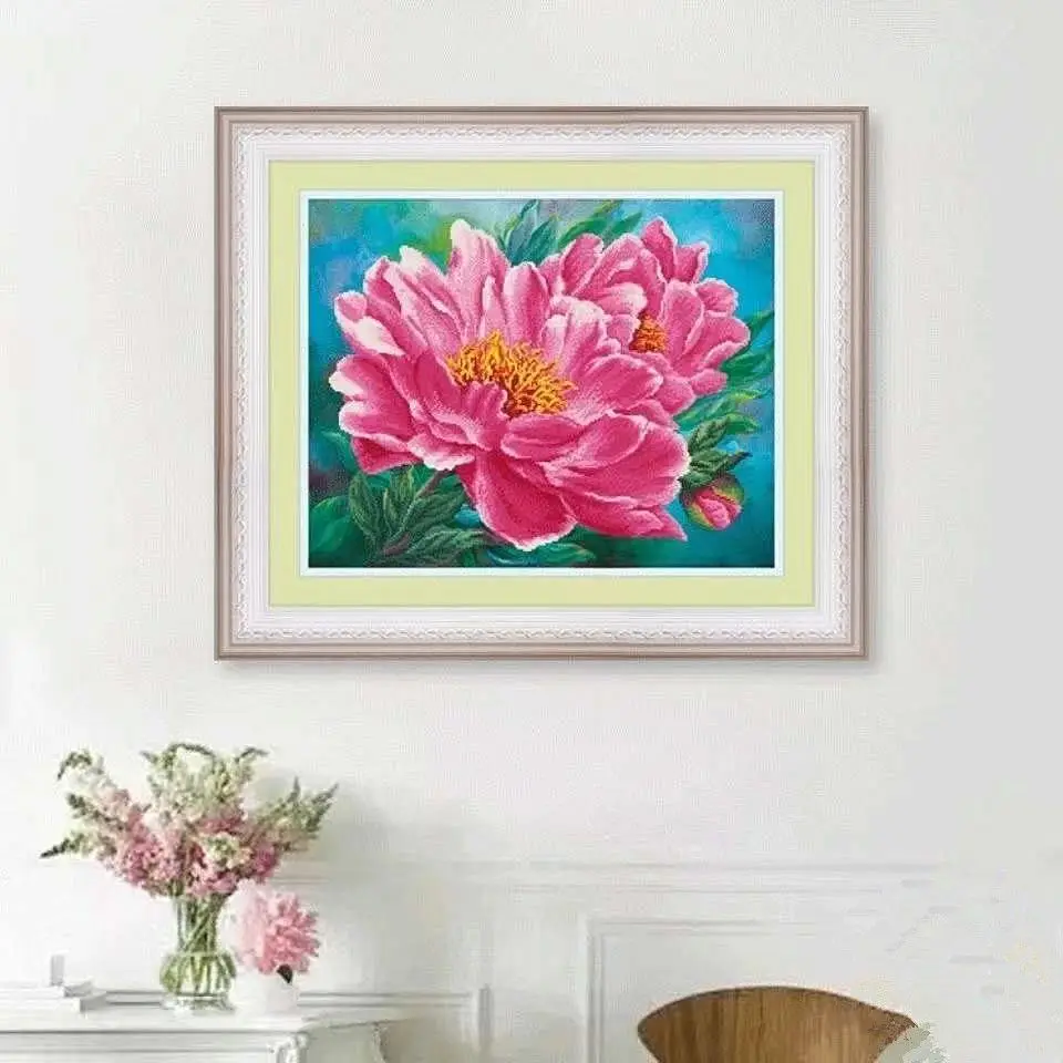 

Handmade cross stitch finished product with large peonies blooming for wealth and luxury, small size living room, bedroom,