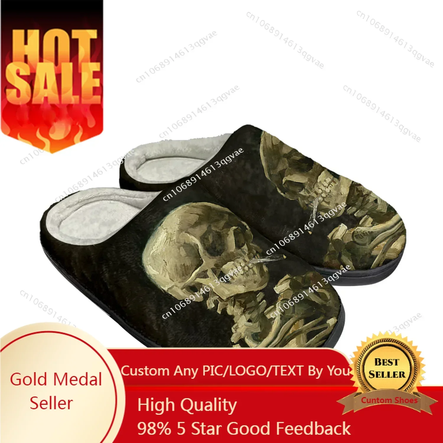 Van Gogh Painting Smoking Skeleton Home Cotton Custom Slippers Mens Womens Sandals Plush Bedroom Keep Warm Shoes Thermal Slipper