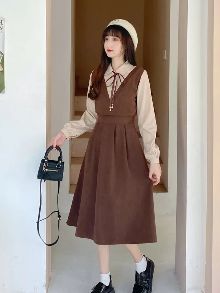 Vestidos de veludo vintage femininos preppy falsos duas peças reduzindo a idade outono moda coreana rendas roupas estéticas diariamente ins