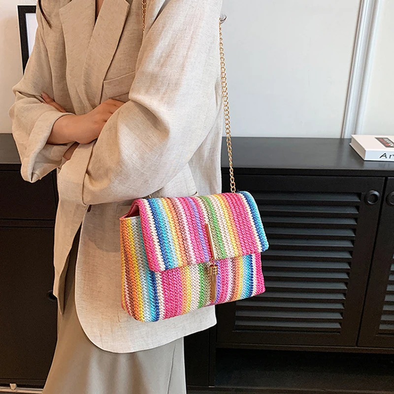 Korean version Fashion Women Rainbow Striped Chain Shoulder Bag Flap Crossbody Bags Girl Phone Bags Tassel decor Woven beach bag