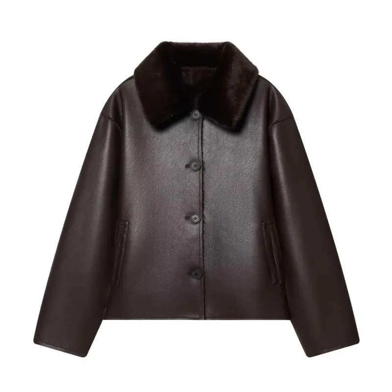 

Autumn Winter Women Reversible Double Faced Jacket Casual Pocket Women's Faux Leather Coats Fashion Female Chic Tops