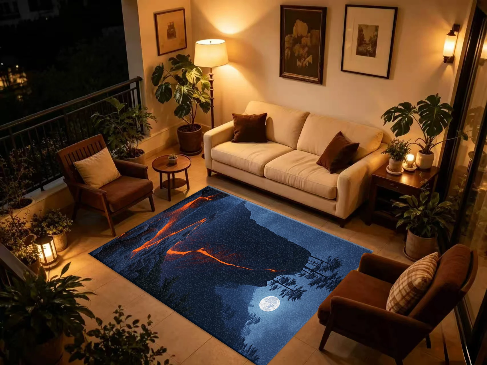 Volcanic Lava Cliff Full Moon Night Mountain Landscape Carpet Flooring, Dark Mysterious Nature Print Non-Slip Area Rug for Home Living Room Floor Mat