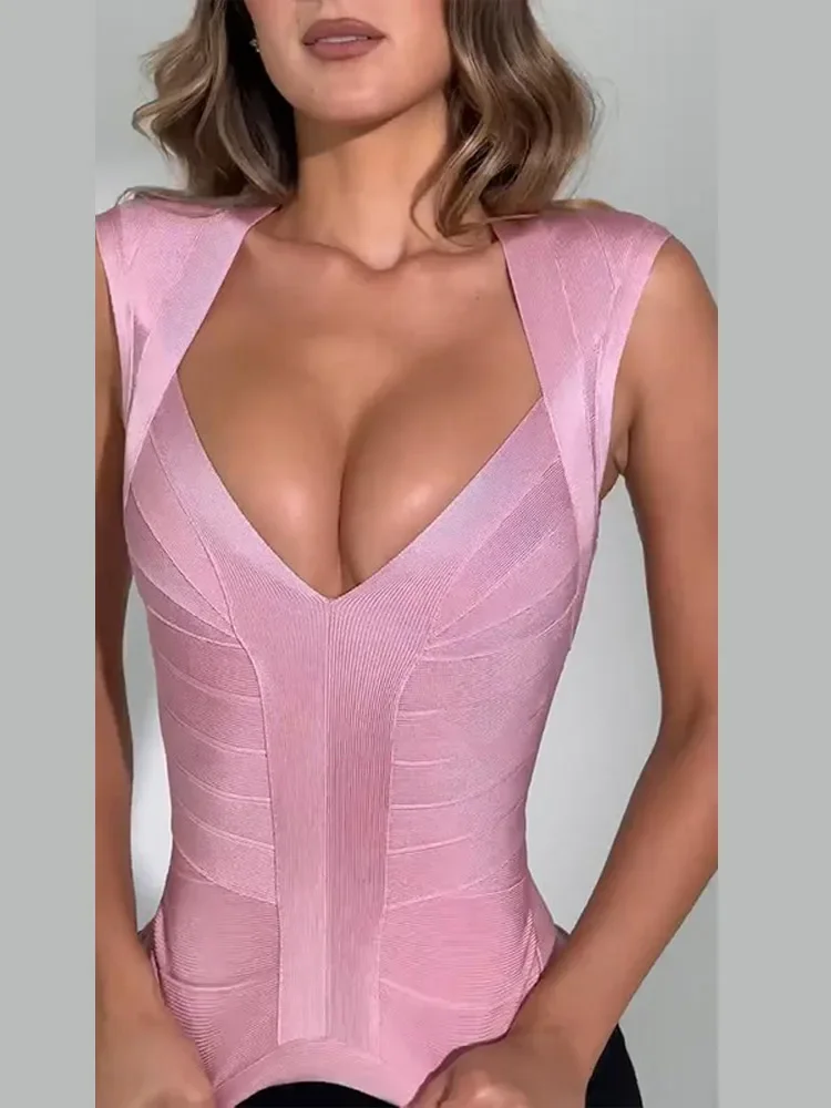 Solid Color Pit Strip Bandage V Neck Tank Top Sexy Waist Temperament Elegant Fashion for Women