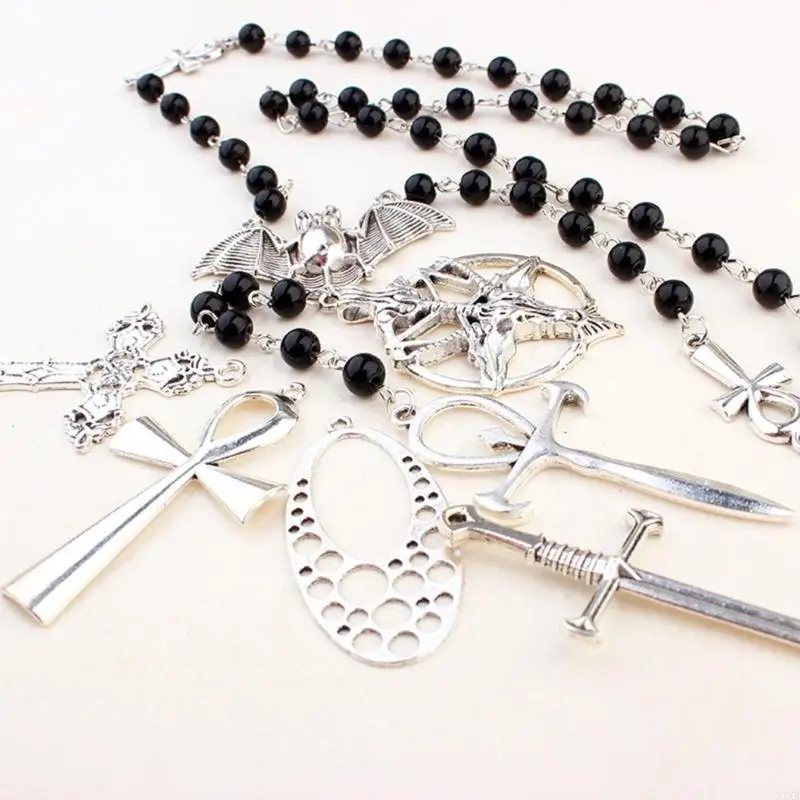 

X7XB Gothic Rosary Beaded Necklace Handmade Choker Jewelry Ankh Bat Pendant Necklace Sweater Chain