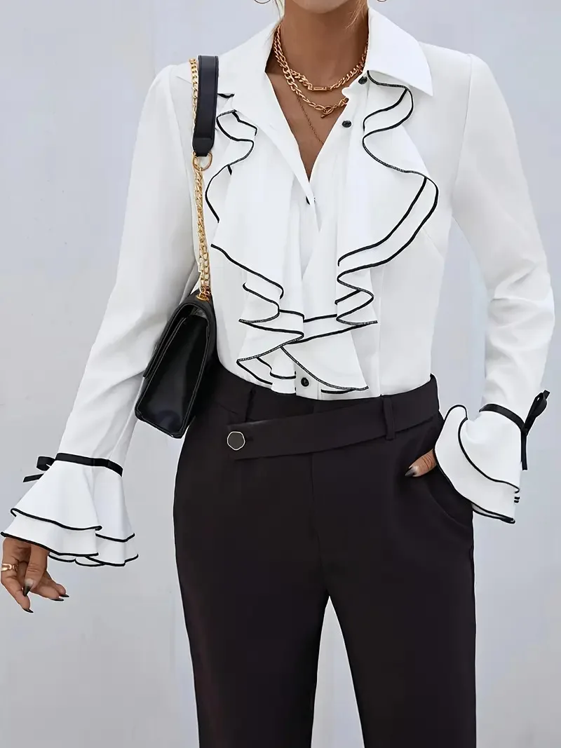 

Casual Women's Shirts Loose Solid Color Spring Autumn Daily Fashion Commuter Style Tops Long Sleeve Ruffle Bell Sleeve Clothing