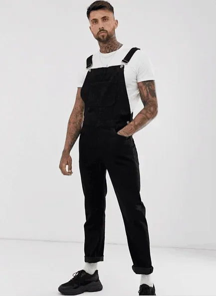 

Men New Style Black Denim Pants with Holes, Fashionable One-piece Workwear Suspender Young People Street Style.Pants