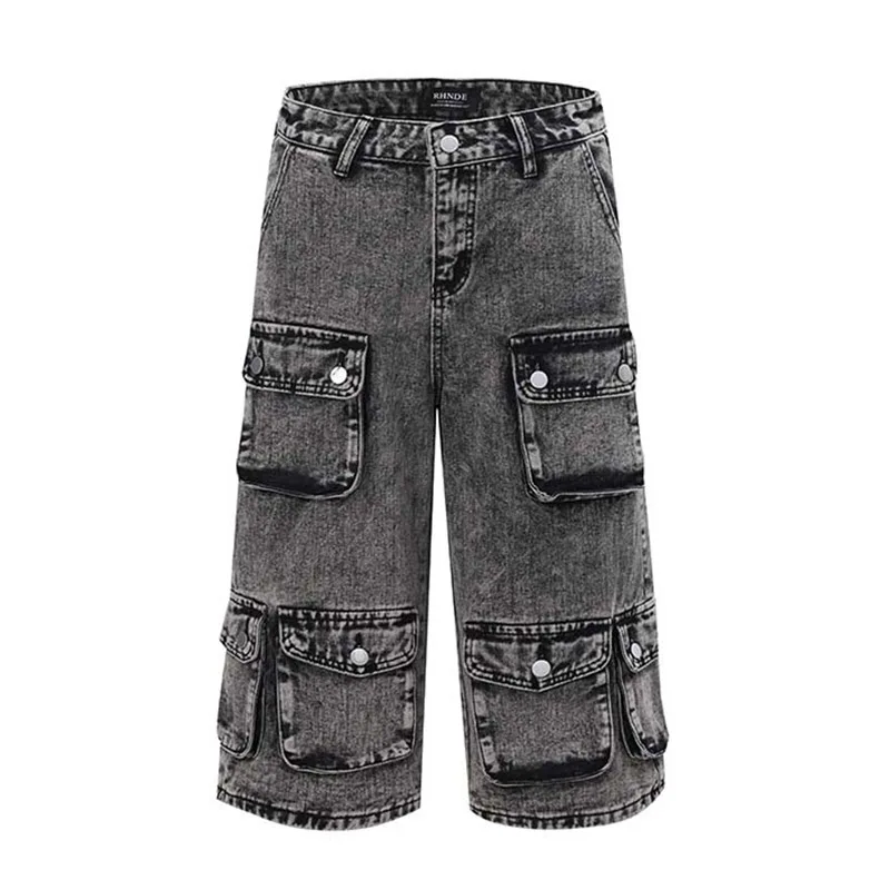 Vintage Hi Street Cargo Short Jeans Washed Multi Pockets Streetwear Loose Denim Short Trousers For Male