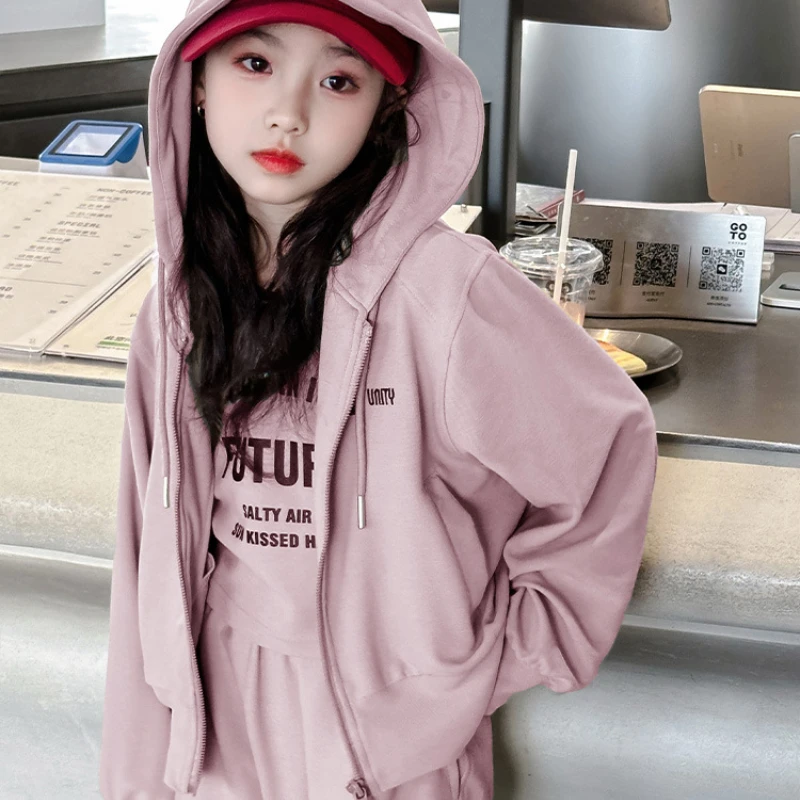 Three Piece Set Girl 2024 New Autumn Style Hooded Cardigan Fashionable Casual Versatile Sports