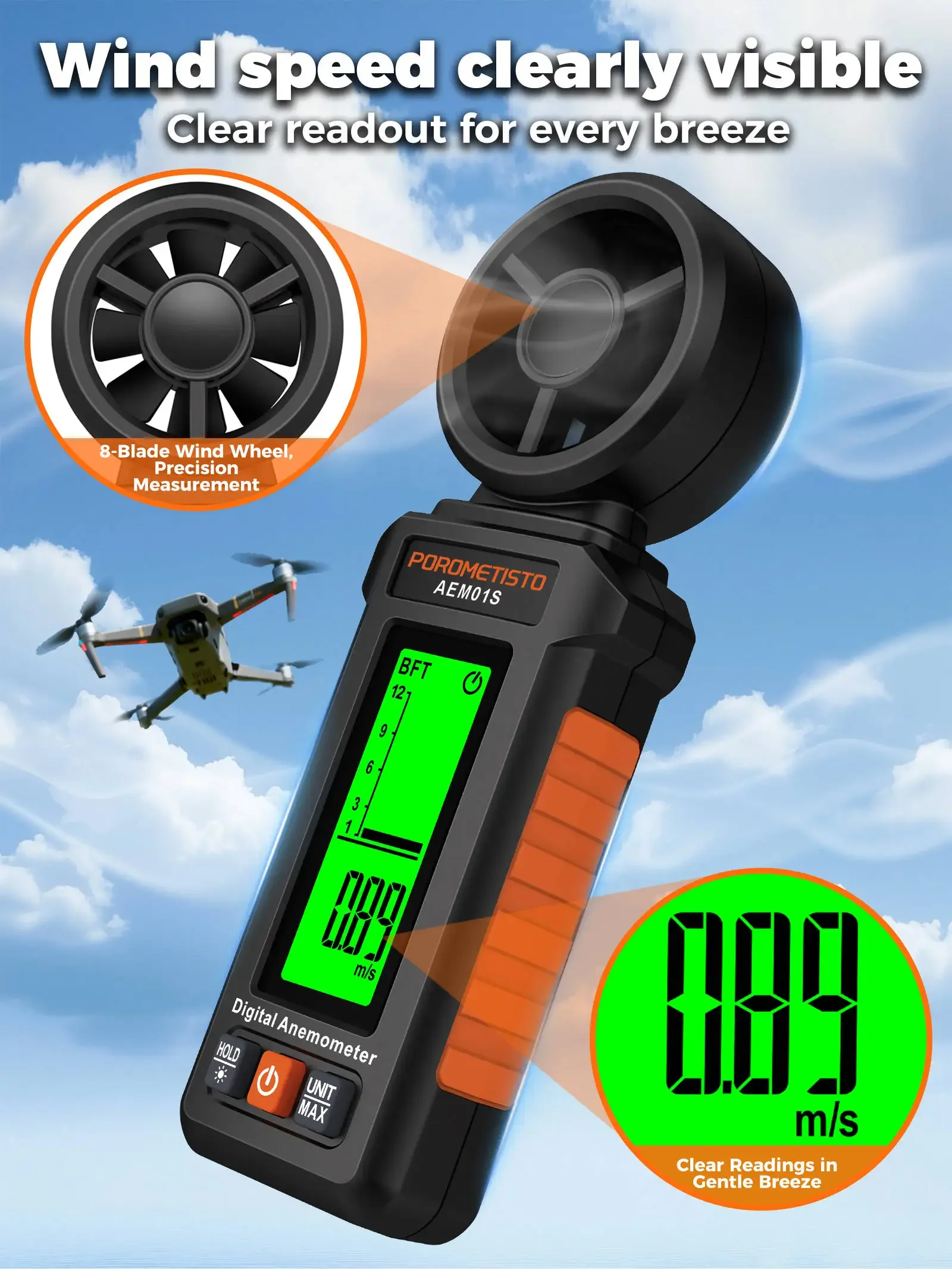 Digitales Anemometer 0,4~30,00 m/s Handgehaltenes Windgeschwindigkeitsmessgerät Luftgeschwindigkeit Luftstromrate mit LCD-Hintergrundbeleuchtung CFM CMM CMS Messwerkzeug – Detail 19