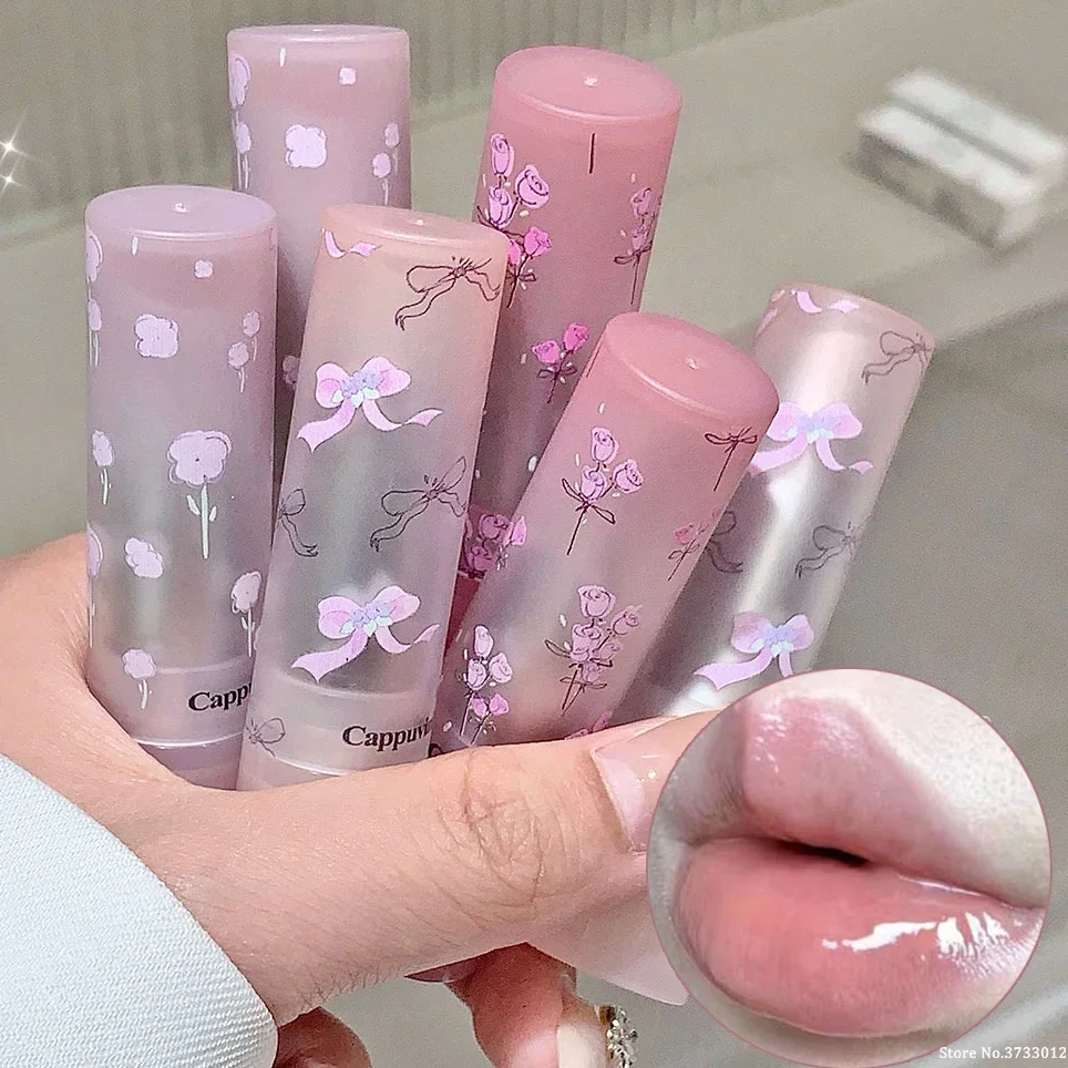 Brillo de labios sólido hidratante con flores, brillo de espejo, miel, hidratante, bálsamo labial de gelatina rosa brillante, lápiz labial de maquillaje no pegajoso