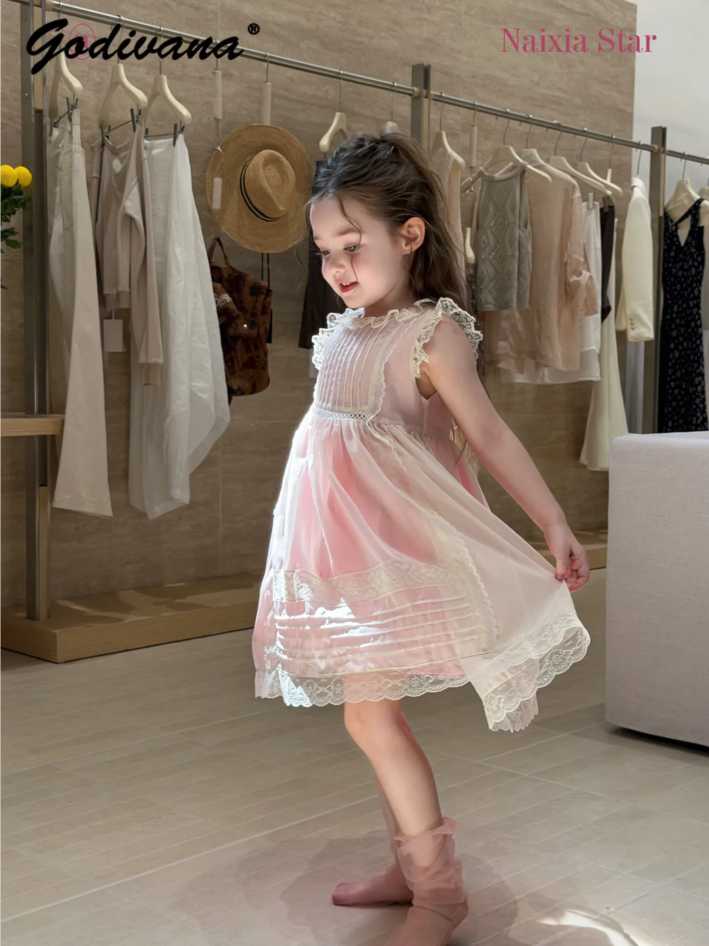 Sweet Baby Girls 2026 Summer New Pink Princess Sundress Kids Lace Collar High Waist Feifei Sleeve Breathable Soft Mesh Dresses