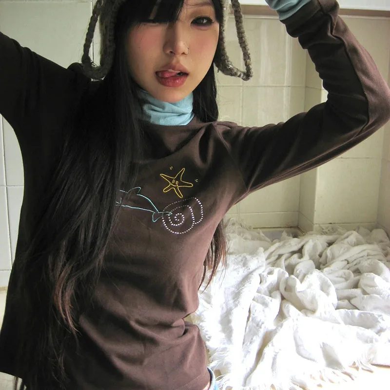 

Japanese Y2k Turtleneck T Shirt Grunge Aesthetics Patchwork Tops Vintage Diamond Print Long Sleeve StreetwearTees Harajuku 2000s