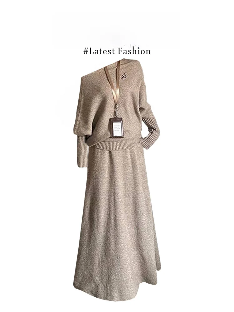 

Loose Long Sleeve Knitted Sweater Women's Fashion Set with Slant Shoulder Design And Light Brown Color Paired with Skirt