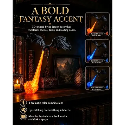 DT16 3D Printed Fire-Breathing Dragon Bookshelf Nook Light, Fantasy Shelf Decor, Blue Fire Model, with LED, for Halloween