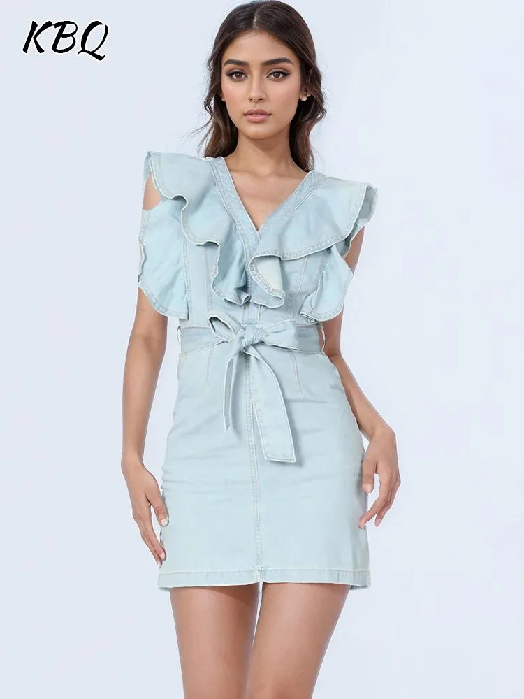 

KBQ Spliced Lace Up Solid Denim Dress For Women V Neck Sleeveless High Waist Patchwork Ruffles Casual Mini Dresses Female New