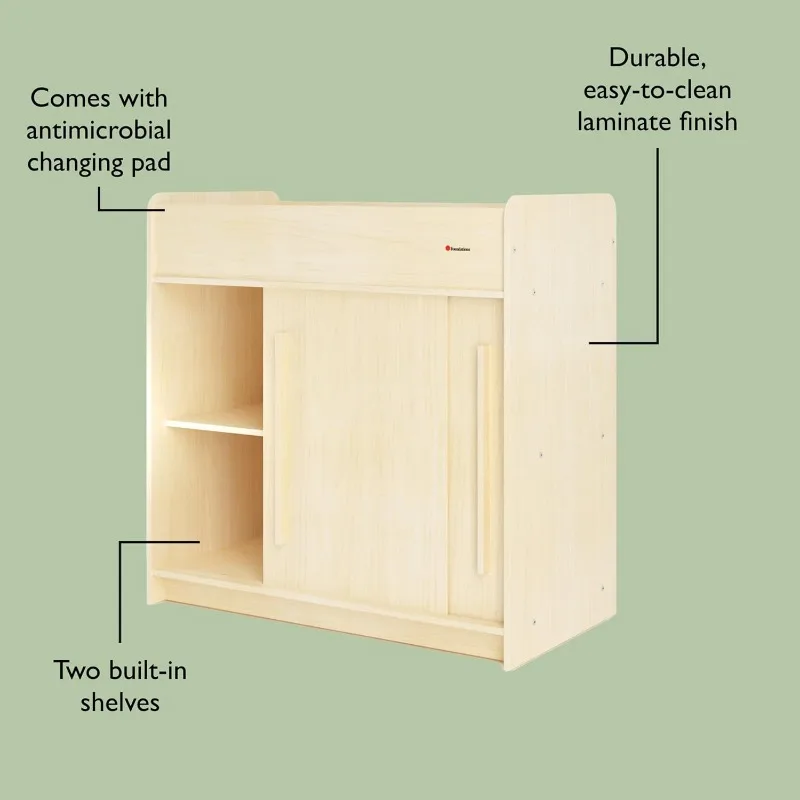 HOME.SafeGlide Fasciatoio per asilo nido, Costruzione in legno resistente, Scaffalature integrate per ampio spazio di archiviazione, Porte scorrevoli