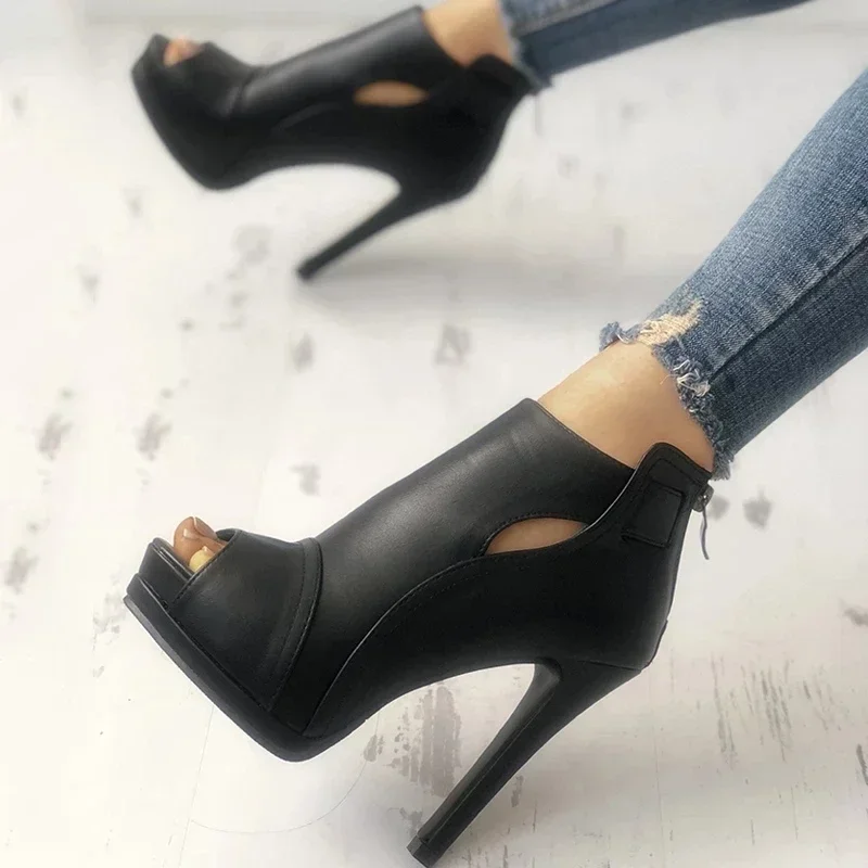 Fish Mouth Sandals High Heels Women Pumps Office Breathable Hollow Out Square Boots Summer Platform Heels Party Wedding Shoes