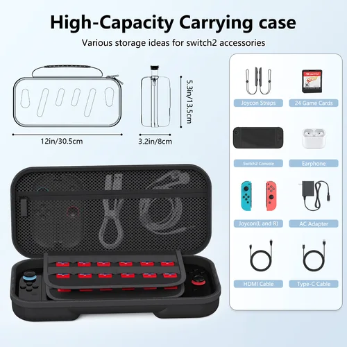 Imagen 2 del producto Funda Foe Switch 2, con 24 cartuchos de juegos, carcasa dura protectora, Estuche de transporte de viaje, bolsa para consola y accesorios, estuche wii