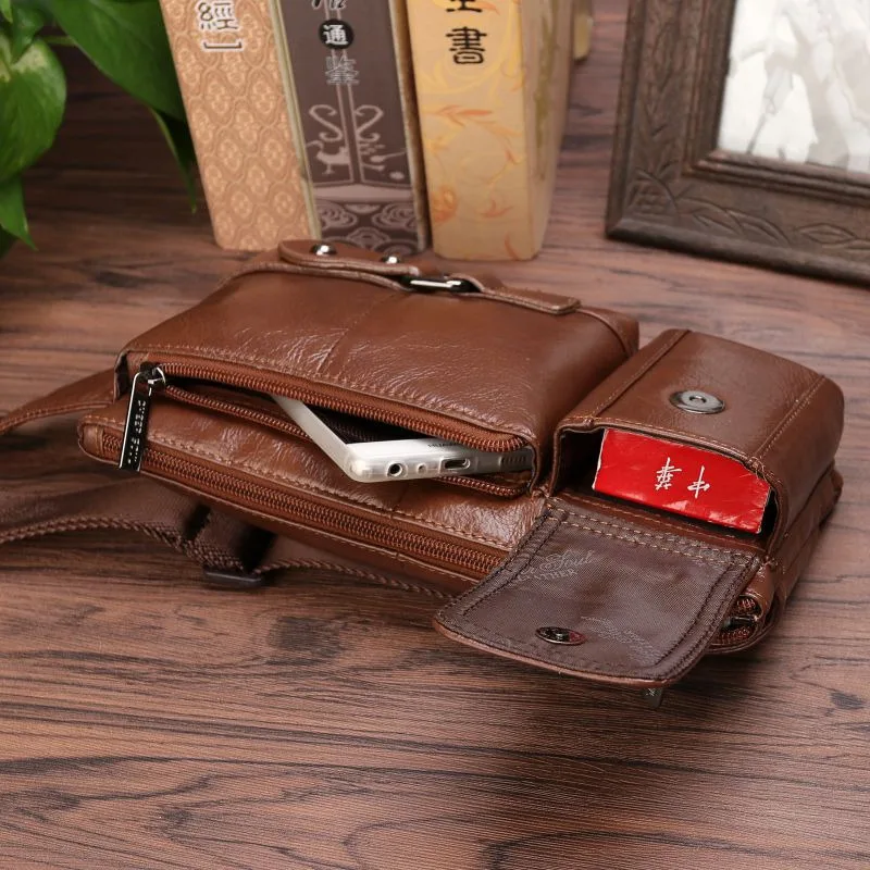 Men Genuine Leather Waist Fanny Pack Sling Chest Bags Pouch Travel Climb Cross Body Bags Natural Skin Male Hip Bum Belt Bags