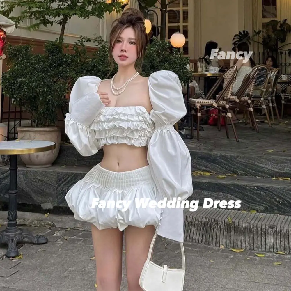 

Fancy Sexy Strapless Evening Dress Remove Puff Long Puff Sleeve Prom Gown Mini Short Pleats Birthday Party Dress Customized