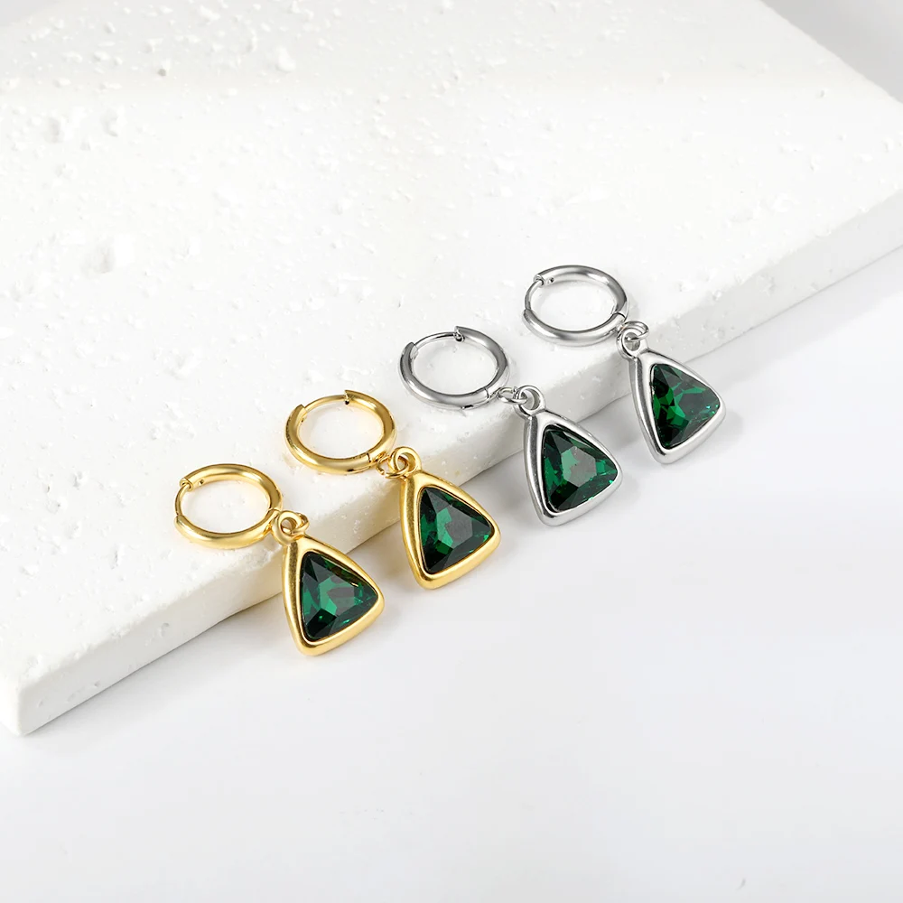 LUXUSTEEL Vintage Green Rhinestone Crystal Hoop Earrings For Women Girls Geometric Triangle Round Earrings Bridal Wedding Party