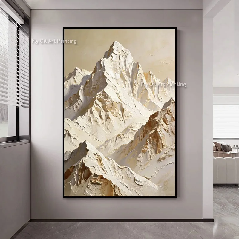 Raised Textured Snowy Mountain Wall Art, Hand‑Crafted Heavy‑Paint Oil Canvas, Earth‑Tone Contemporary Nature Statement Piece