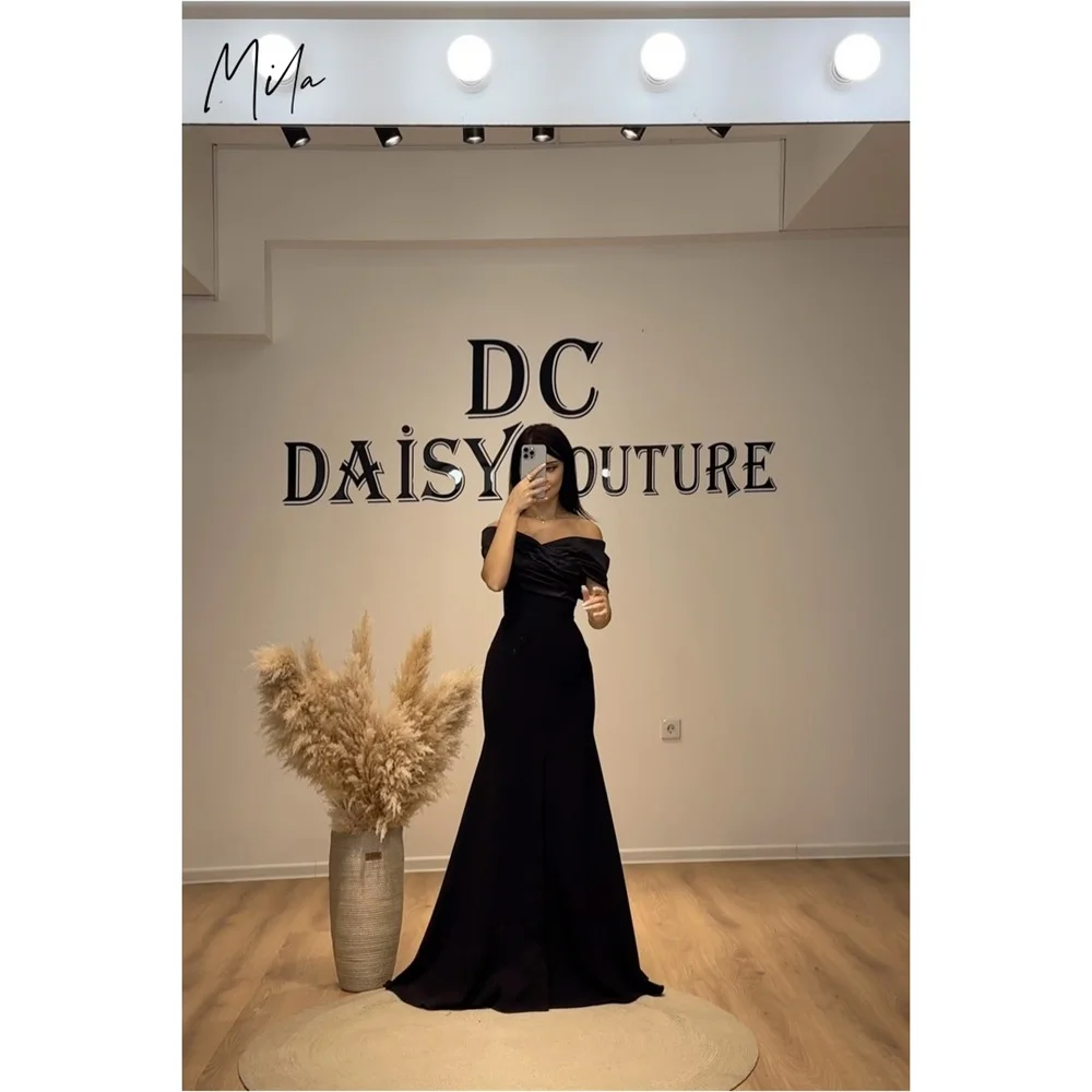 

Mila Black Off Shoulder Customized Party Dresses Elegant Floor-Length Prom Dresses 2025 Chic Short Sleeve A-Line Evening Dresses