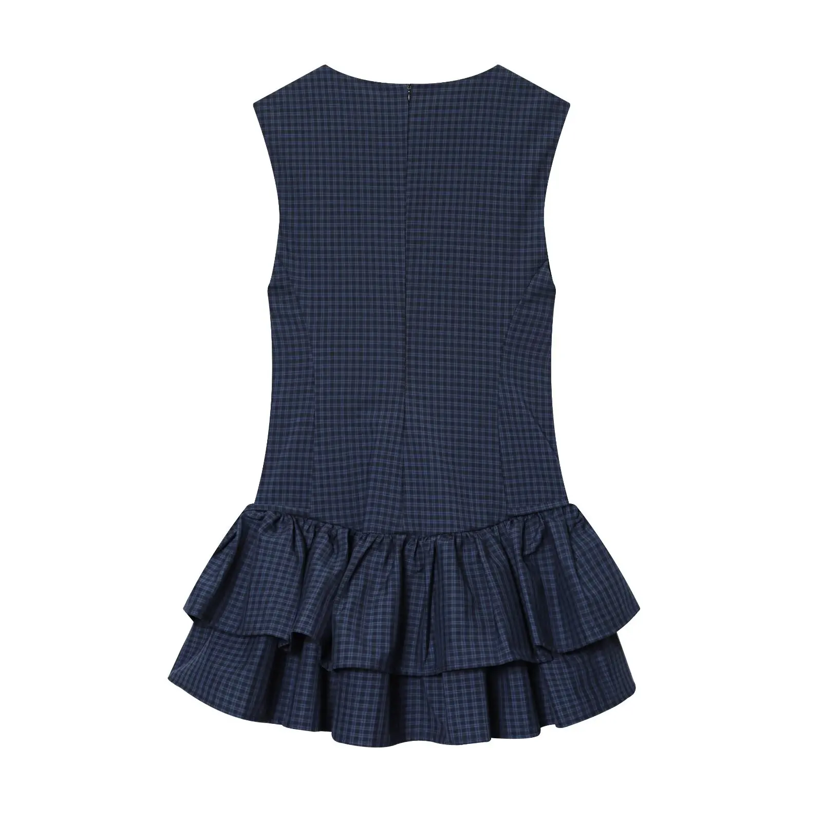 Novo vestido feminino azul marinho xadrez sem mangas em camadas mini vestido sexy e elegante