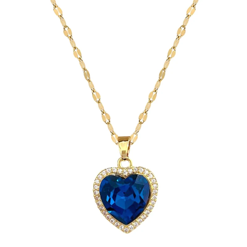 Stainless Steel Gold Plated Light Luxury Charm Blue Zirconia Heart Necklace For Women Girl Gorgeous Party Jewelry 2023
