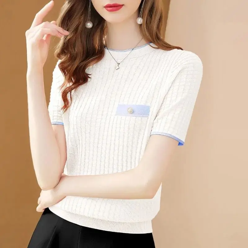 Women Korean Fashion Elegant Contrast Color Short Sleeve Knitted T Shirt 2024 Summer O Neck Slim Sweet Chic Tops Ropa De Mujer