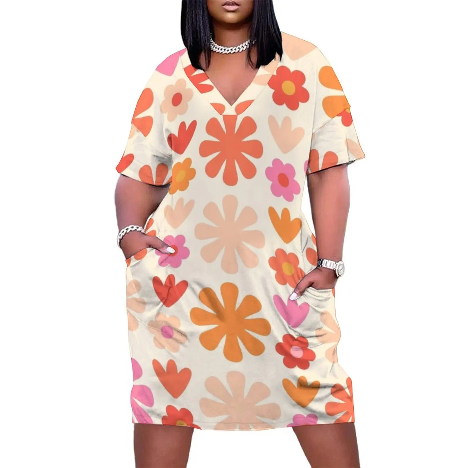 

Scandi Floral Grid Retro Flower Pattern Orange Pink Cream Loose Pocket Dress women evening dress Women's evening dress