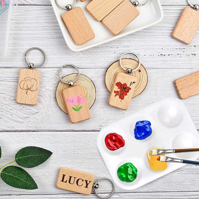 10Pcs Wood Keychain Blank Rectangular Keychains