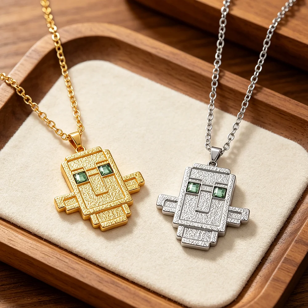 Villager Head Necklace, Green Crystal Eyes Textured Metal Pendant Game Cosplay Accessory, Gold & Silver 2‑Color Jewelry Gifts