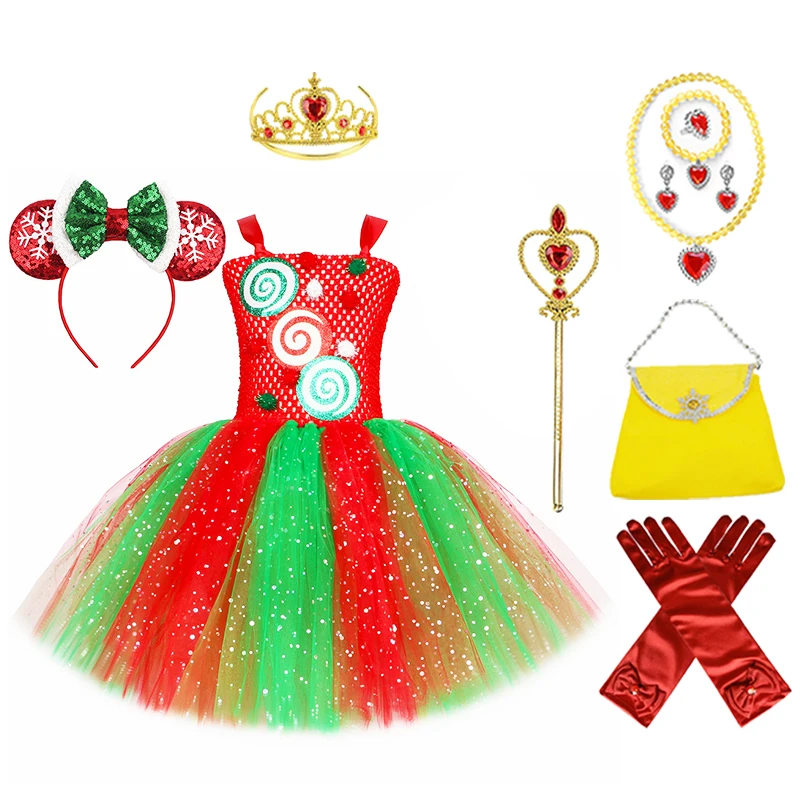 Red And Green Candy Tulle Dress Crown Magic Wand Bag Glove Necklace Bracelet Ring Earrings Set Christmas Party Cosplay Costume