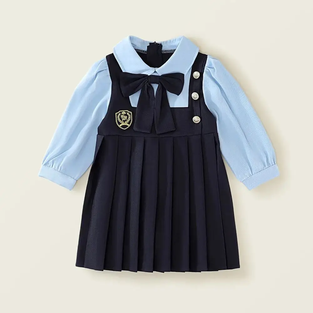 

2025 Spring Casual Dress For Kids Clothing Girls College Style Long Sleeve Children'S Dresses Korean Baby Girl Bow Pleated Skirt