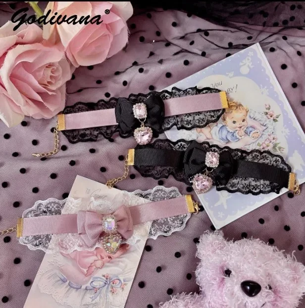 Japanese Lolita Style Women Accessories Sweet Lace Love Heart Bow Tie Rhinestone Oversleeves Brace Lace Bracelet