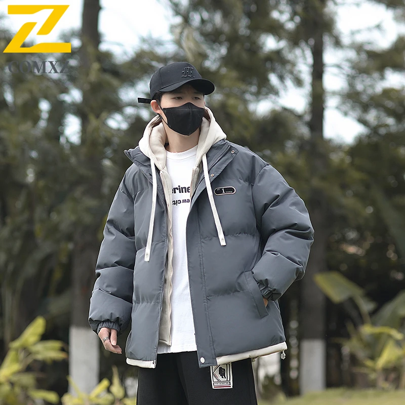 2025 New Winter Parka Men's Teen Leisure Thickened Fake 2 Pct Hooded Cotton Padded Jacket Men Fashion Fluffy Warm Padding Coat