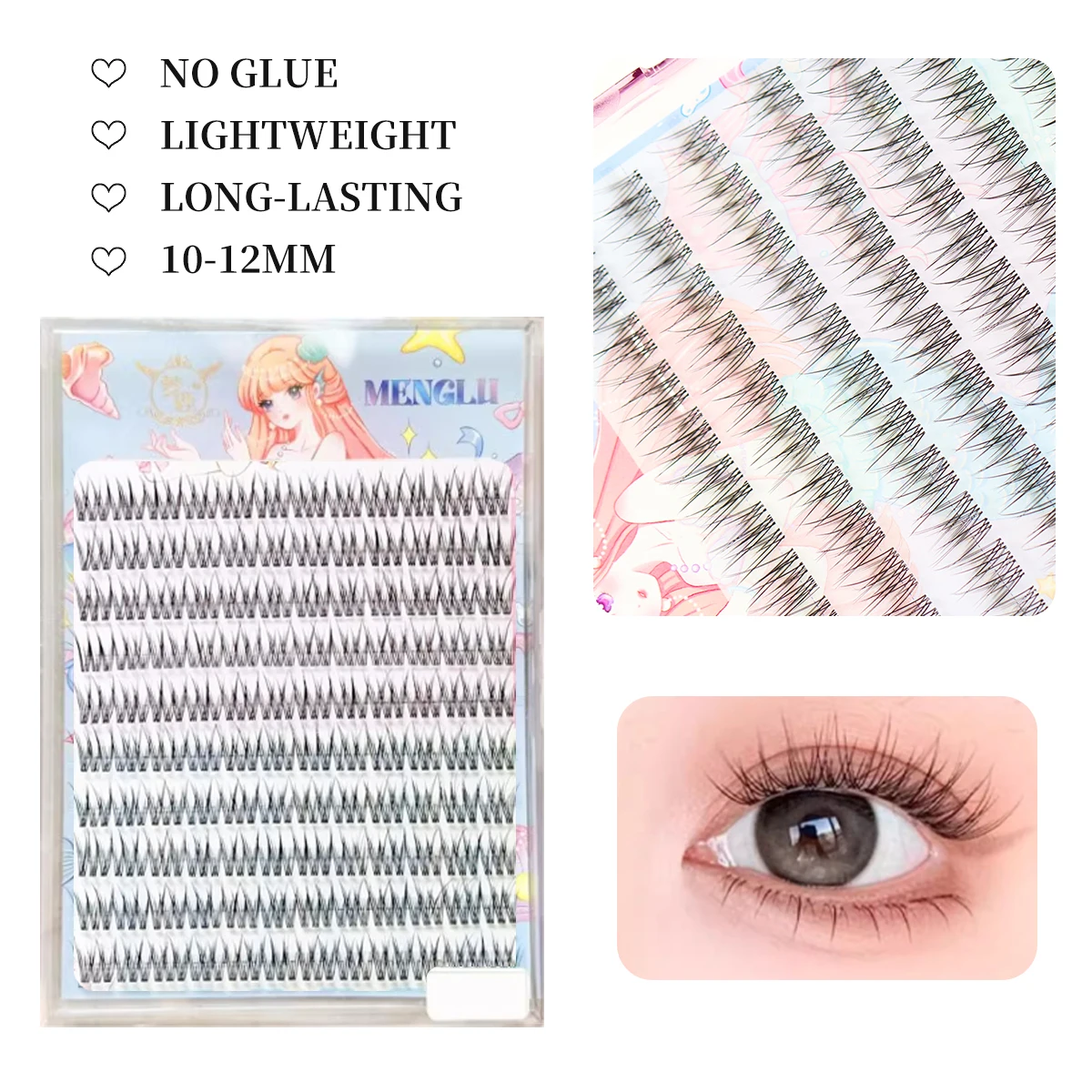 自己粘着式つけまつげ、透明バンド付き、再利用可能、接着剤不要、ストレスフリーで簡単装着、デイリーユースに最適