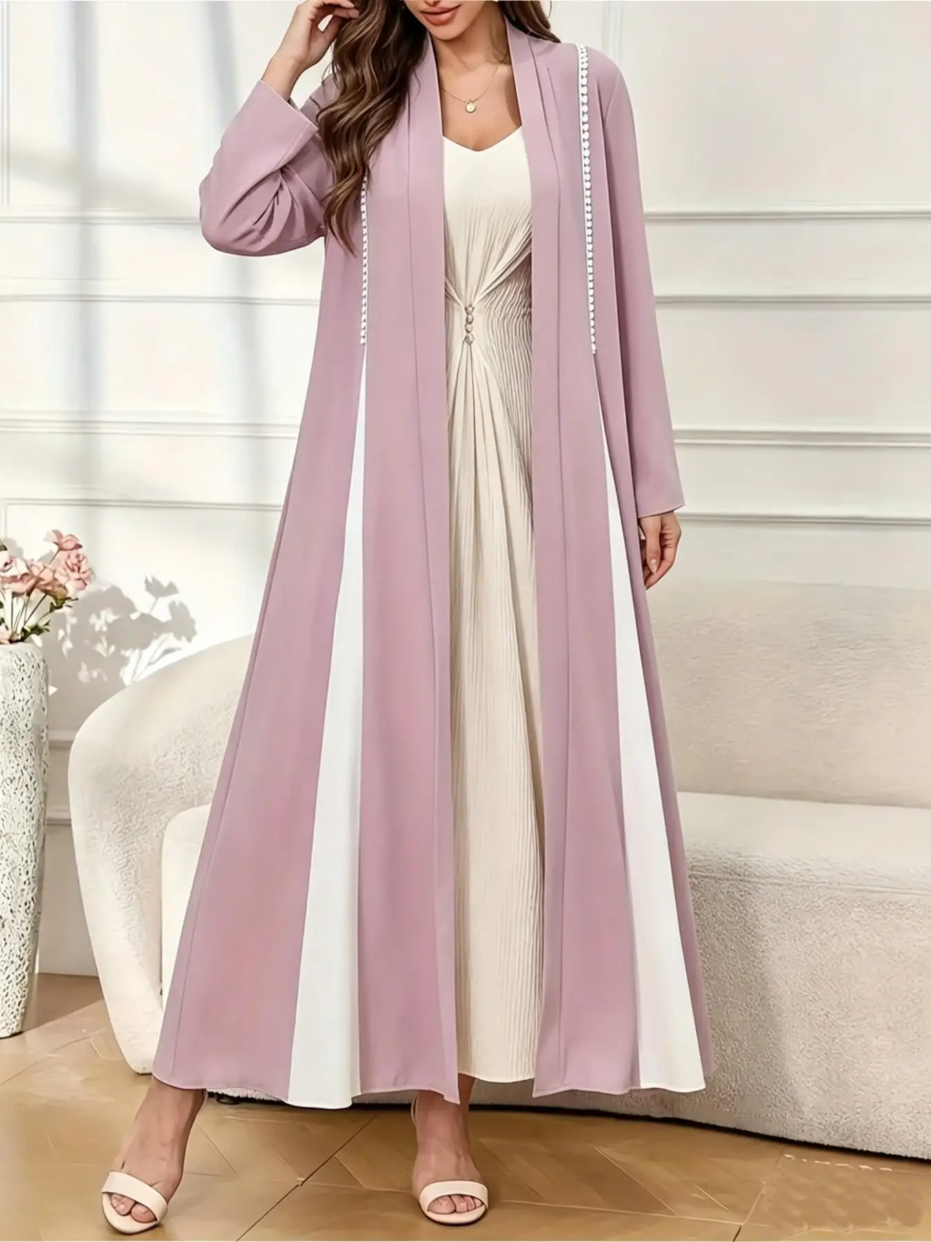 

Color Block Open Front Dress, Elegant Long Sleeve Extra Long Muslim Robe, Women's Clothing, Plain Surface, Unlined, Not Vest