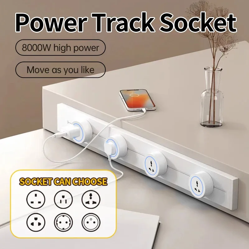 Track Socket Kitchen Wall Outlet FR EU US UK Universal Standard Romovable Adapter Plug,Power Rail Sockets with USB type c,White