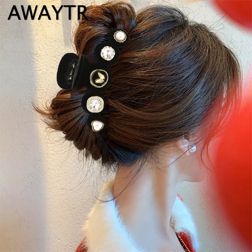 AWAYTR New Velvet Vintage Hair Claw French Baroque Butterfly Pearl Crystal Rhinestone Shark Hair Snap Clips Hair Accessories