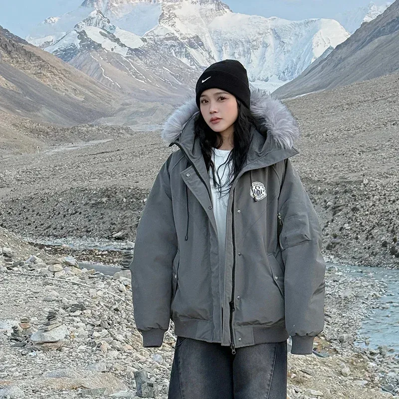 

Winter Thi Warmth Nylon Pink Coat Cotton Du down Jaet Sle Large Fce Collar Oversized Filled Coat Women Solid Long Sleeve Coat