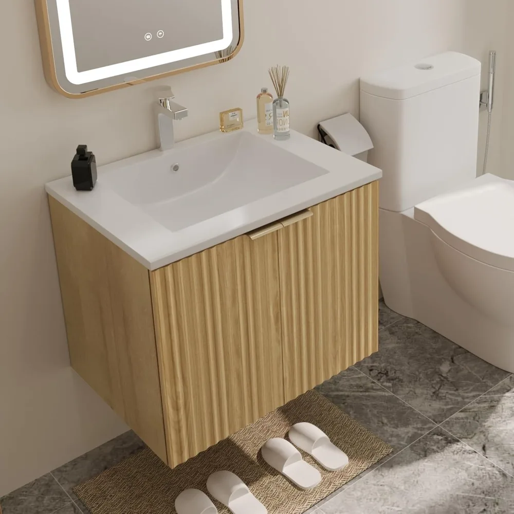 Mobile da bagno moderno con lavabo e ante testurizzate ondulate - Mobiletto galleggiante a parete, contenitore impermeabile con chiusura ammortizzata