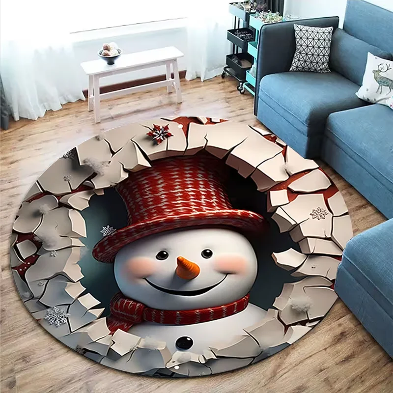 3D Cracked Wall Snowman Round Rug Christmas Xmas Holiday Circular Carpet Soft Floor Mat for Living Room Bedroom Home Decor